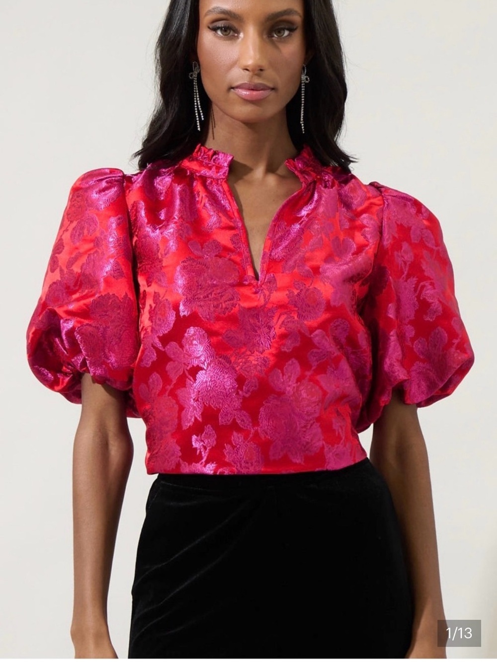 Women's Fuchsia Floral Puff-Sleeve Satin Blouse